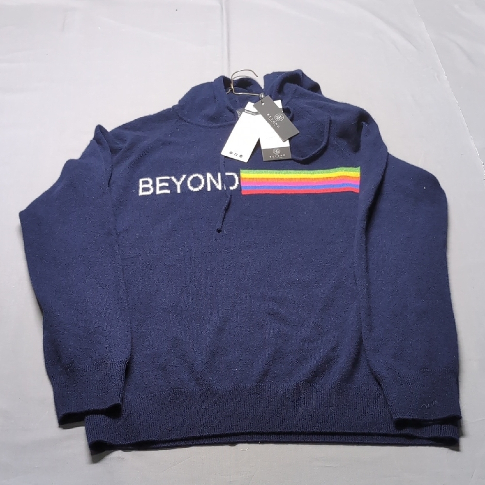 Beyond Fashion‎ Navy 100% Cashmere Rainbow Stripe Hoodie Sweater XL NWT